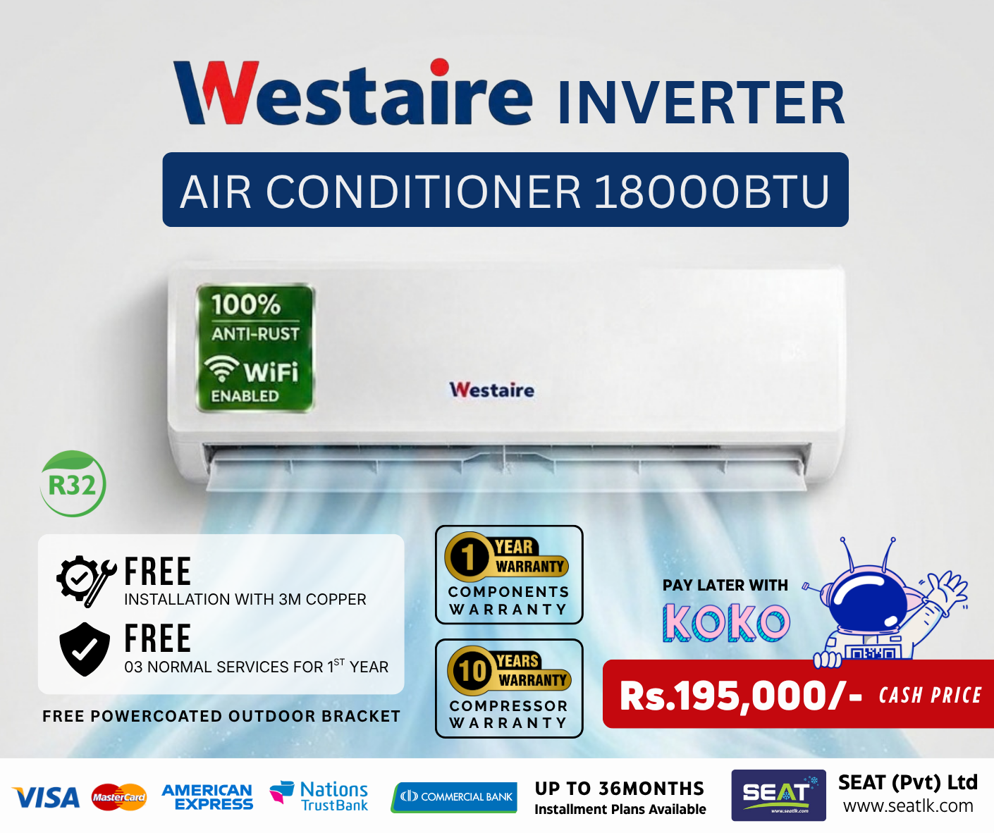 Westaire Inverter Split Type Air Conditioner 18000BTU